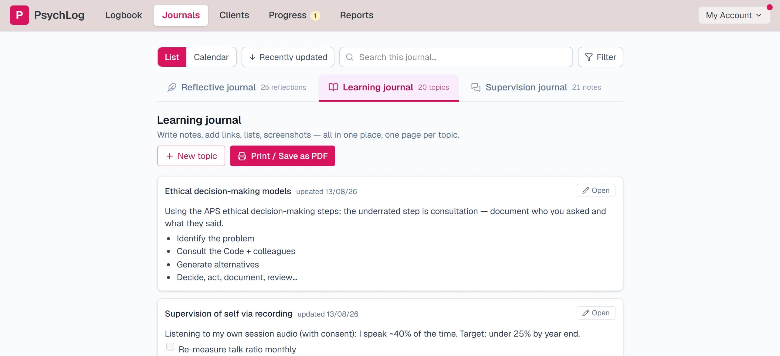 The Journals page with tabs for the reflective, learning and supervision journals, showing learning-journal topic notebooks with rich formatted notes