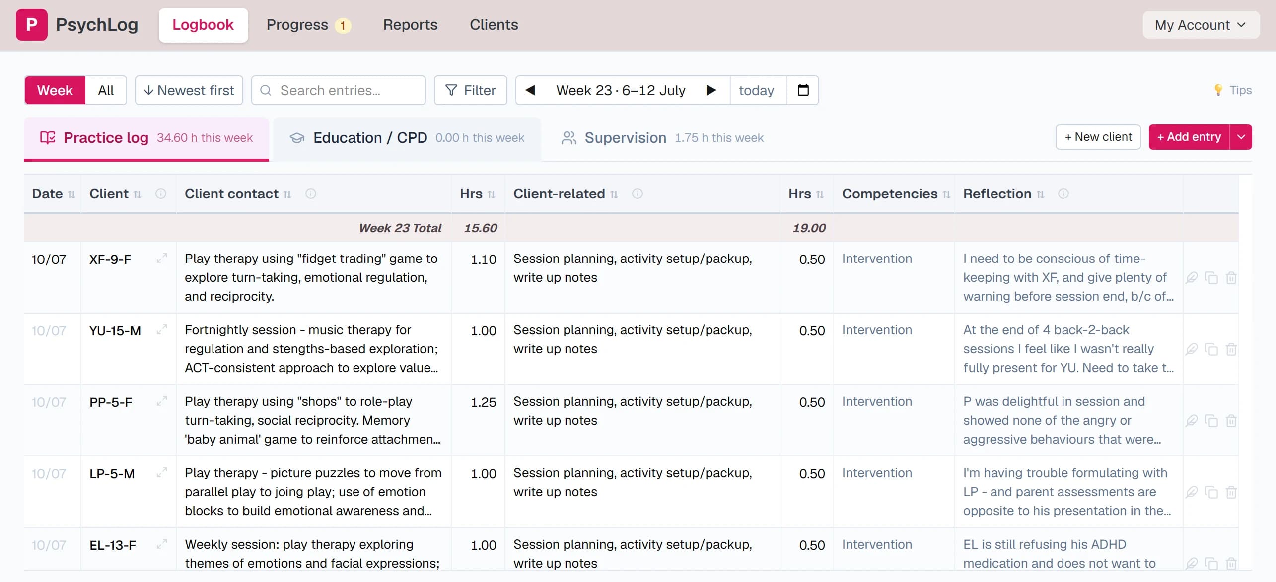 The PsychLog practice log in Week view: client sessions with contact descriptions, hours, competencies and private reflections, with daily and weekly subtotals