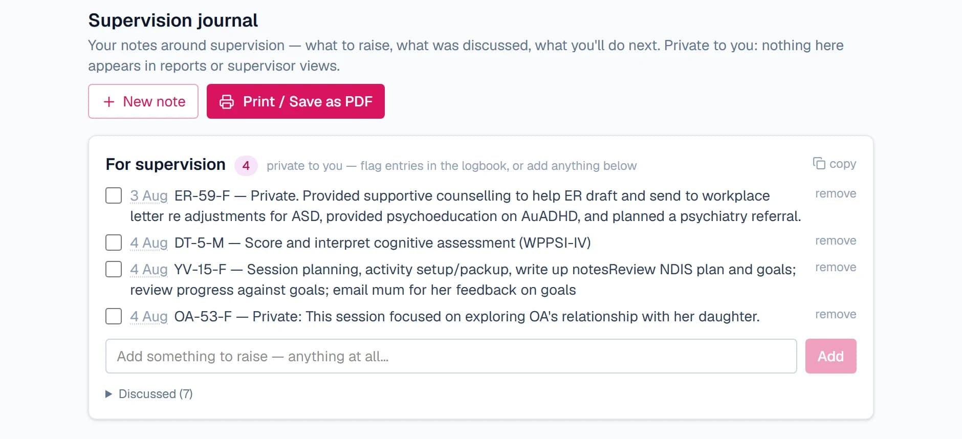 The Take to Supervision list on the private supervision journal page: flagged logbook entries with dates and client codes, checkboxes to tick items off as discussed, and a box to add anything to raise