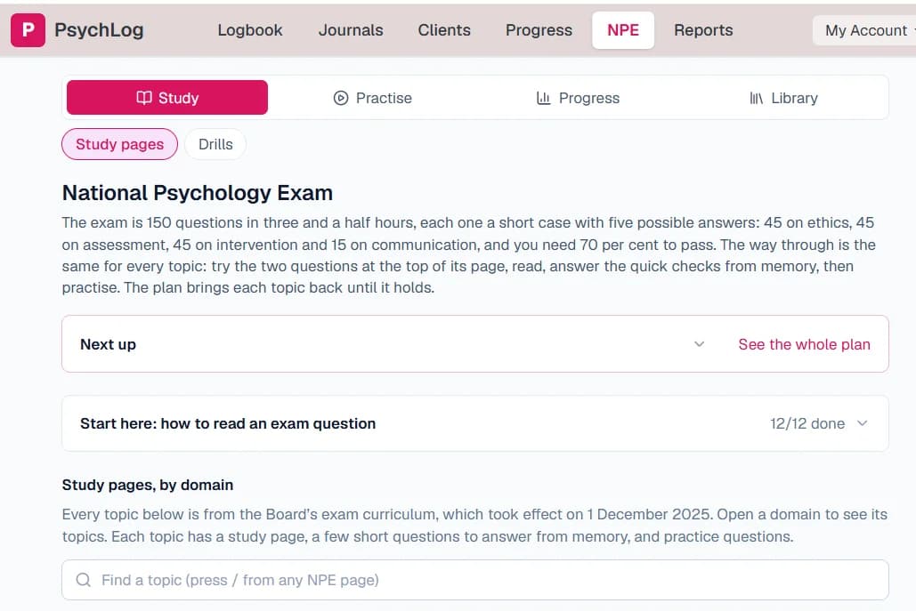 PsychLog's NPE study page: the exam explained in a few lines, a Next up panel from the study plan, the exam-technique pages marked done, and the study pages listed by domain.