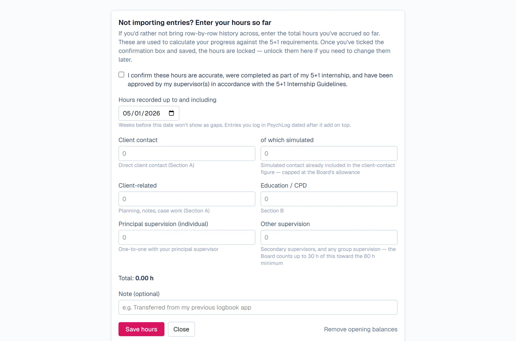 The Import your logbook page with the Enter your hours so far form